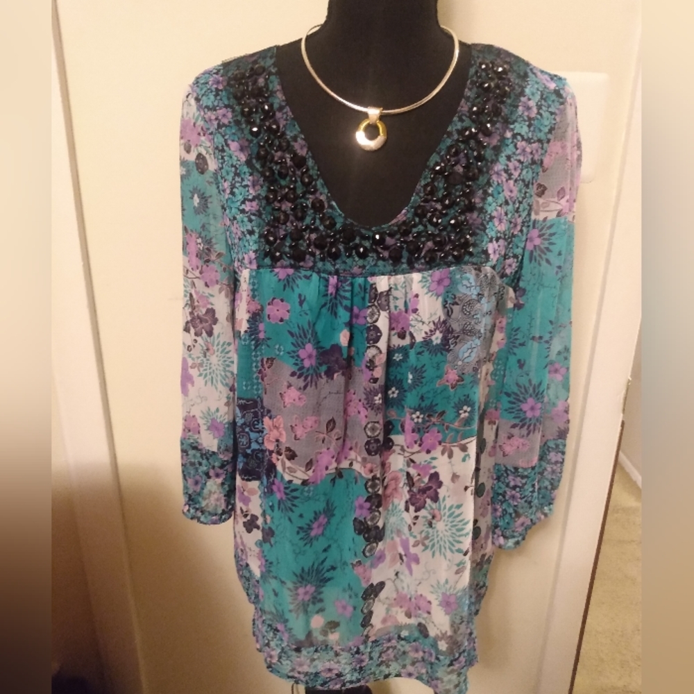 E) Susie Rose Size Lg Scoop Neck Blouse with Beaded Neckline. Sheer Material